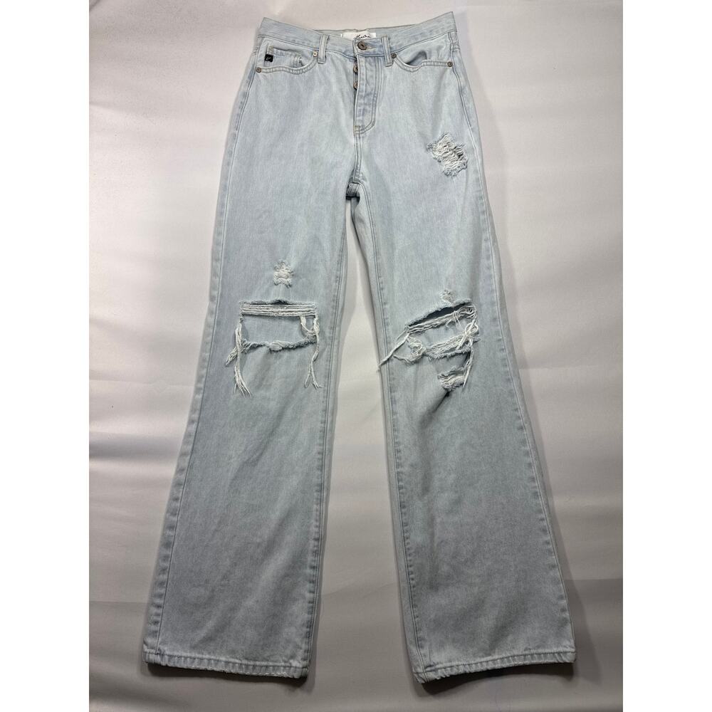 Kancan Women's Distressed Wide Leg Blue Denim Jeans - Size 5/26 (28x33)